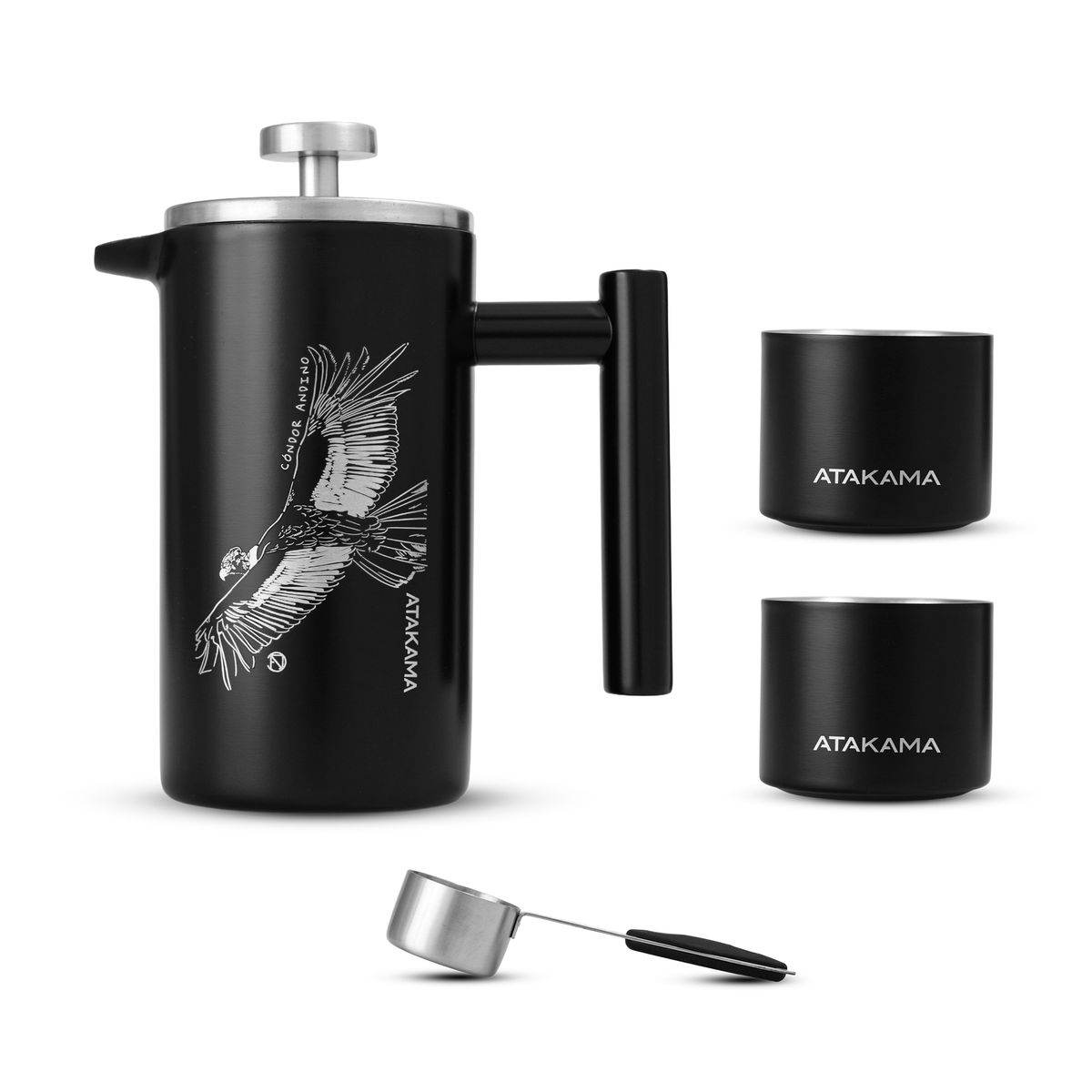 ATAKAMA OUTDOOR - Set Cafetera + 2 Vasos Térmicos Negro 350ml Atakama Outdoor