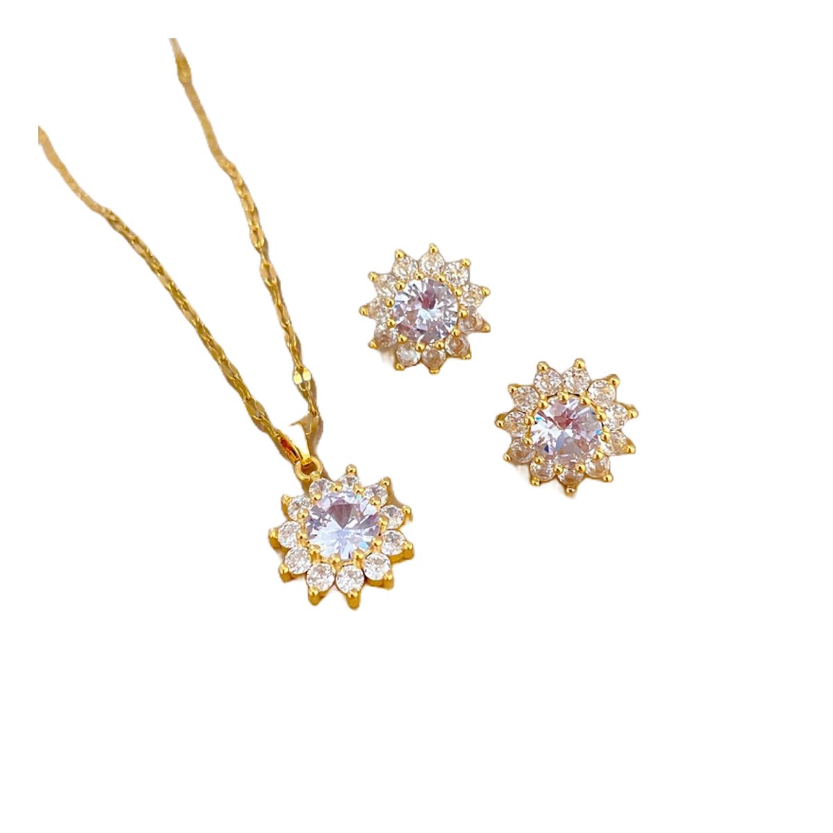 ZG JOYAS - Set Collar Aros Flor Girasol Cristales Galvanizad En Oro 14k