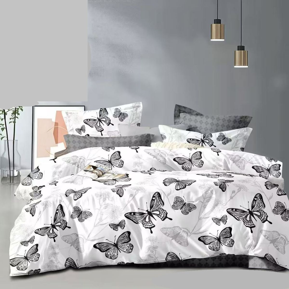 GENERICO - CUBRECAMA KING BLANCO MARIPOSA GRISES ELEGANTE TENG FEI DELGADO DE VERANO