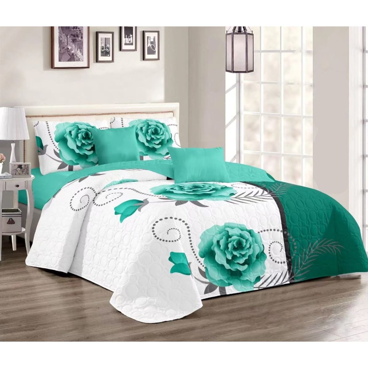 GENERICO - CUBRECAMA KING  DISEÑO ROSA TURQUESA ELEGANTE DELGADO DE VERANO TF