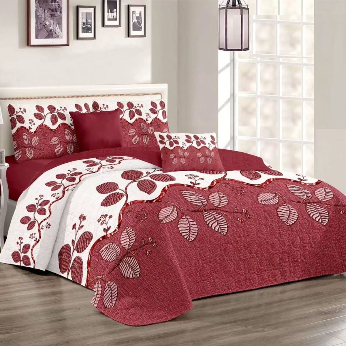 GENERICO - CUBRECAMA KING DE VERANO ELEGANTE HOJAS ROJAS TF