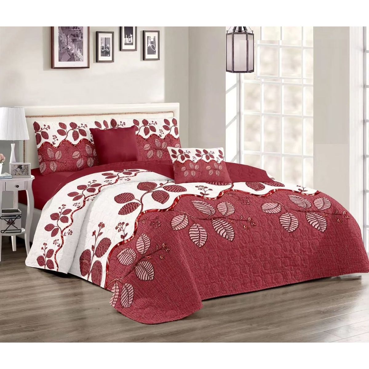 GENERICO - CUBRECAMA KING DE VERANO ELEGANTE HOJAS ROJAS TF