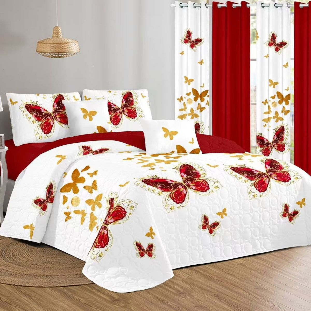 GENERICO - CUBRECAMA KING DE VERANO DISEÑO ROJO MARIPOSA TF