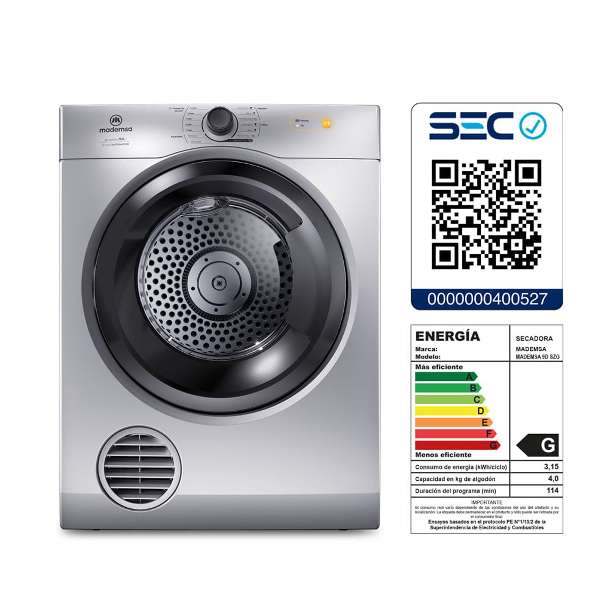 MADEMSA - Secadora de Ropa Mademsa 9Kg Secado Automático 9D SZG Gris