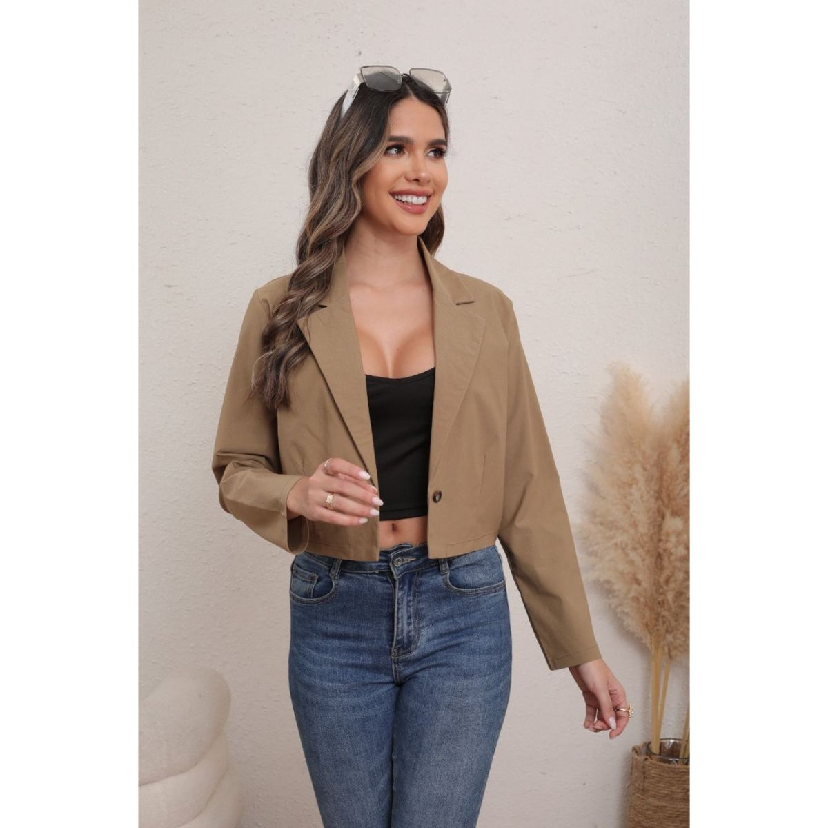 LIKE SHOP - Blazer Corto Mujer Algodón Unicolor Solapa Casual Trabajo 0080