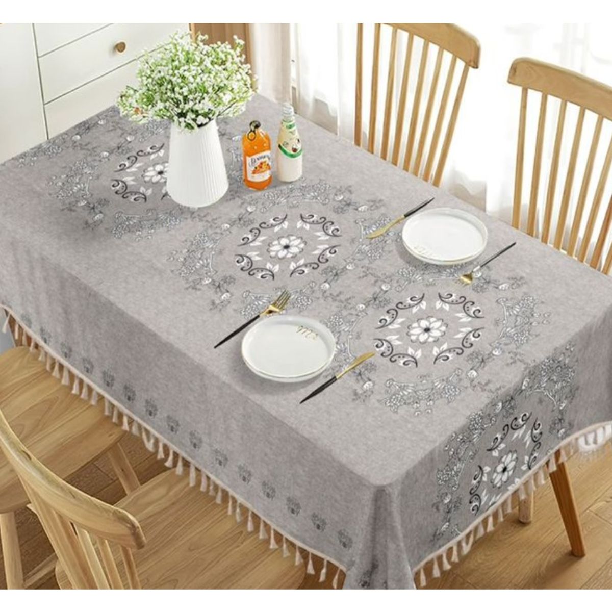 ALMA & DECO - Mantel Antimanchas Mod. Elegant Gray Flecos Bohemios 140 X 220 Cm Rect