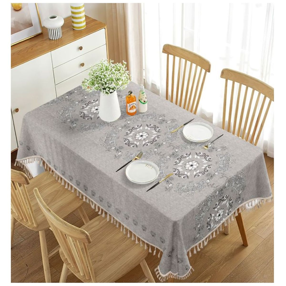 ALMA & DECO - Mantel Antimanchas Mod. Elegant Gray Flecos Bohemios 140 X 220 Cm Rect