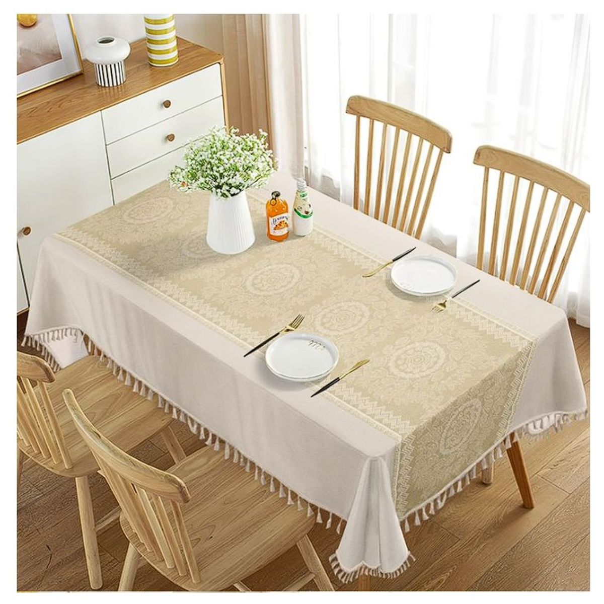 ALMA & DECO - Mantel Antimanchas Mod. Beige Desert Flecos Bohemios 140 X 220 Cm Rect