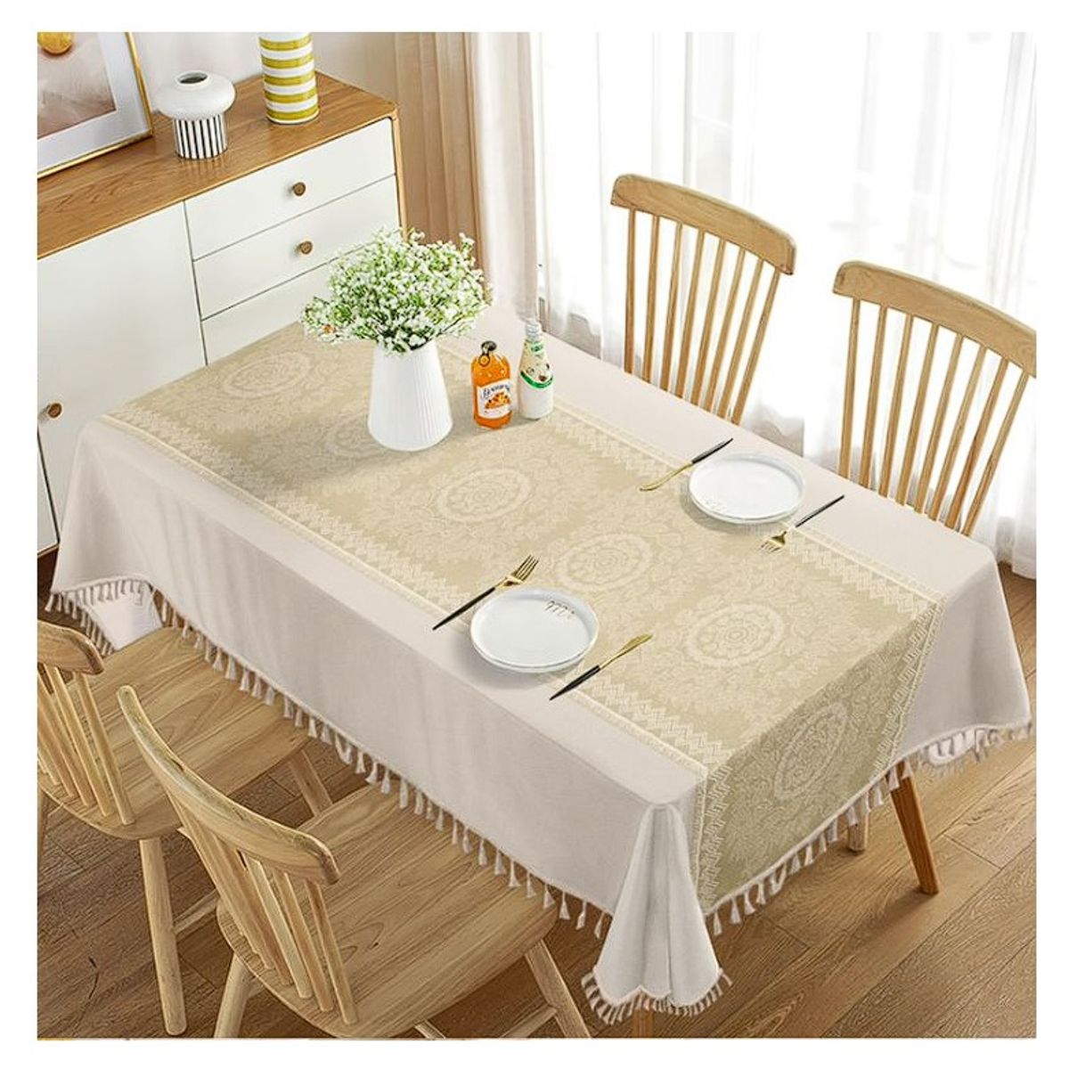 ALMA & DECO - Mantel Antimanchas Mod. Beige Desert Flecos Bohemios 140 X 220 Cm Rect