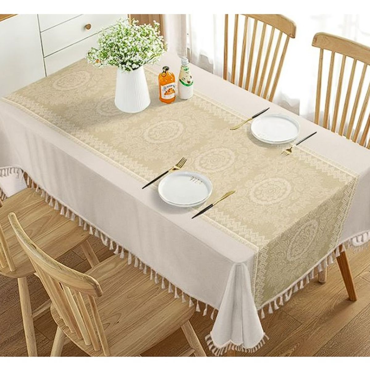 ALMA & DECO - Mantel Antimanchas Mod. Beige Desert Flecos Bohemios 140 X 220 Cm Rect