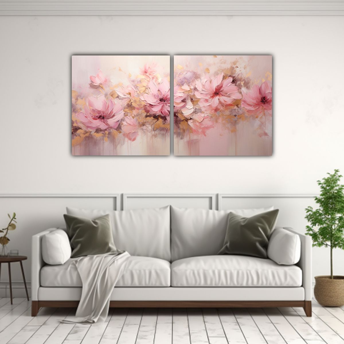 GENERICO - Set 2 Cuadros Flor Rosa Esquema Pintura En Lienzo 140x70 Cm