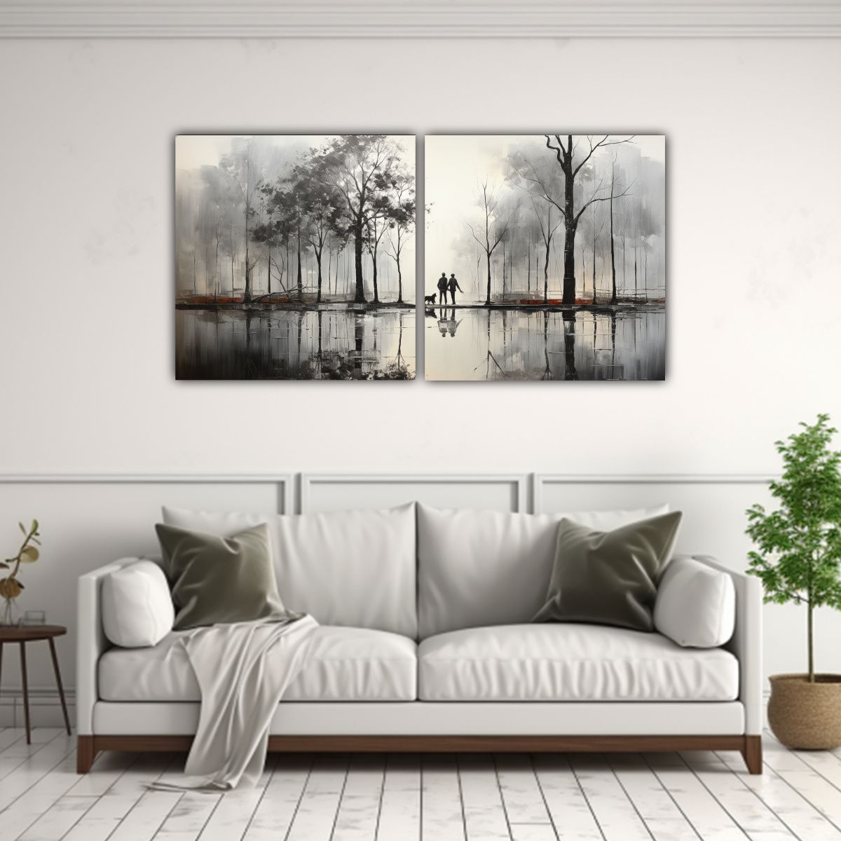 GENERICO - Pintura Abstracta De árboles En Plata Y Blanco 140x70 Cm