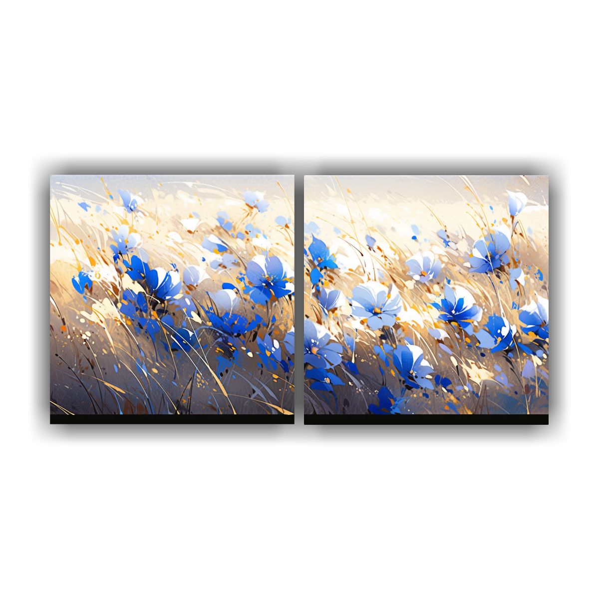 GENERICO - Pintura Flores Oro Y Azul En Lienzo De Vanguardia 140x70 Cm
