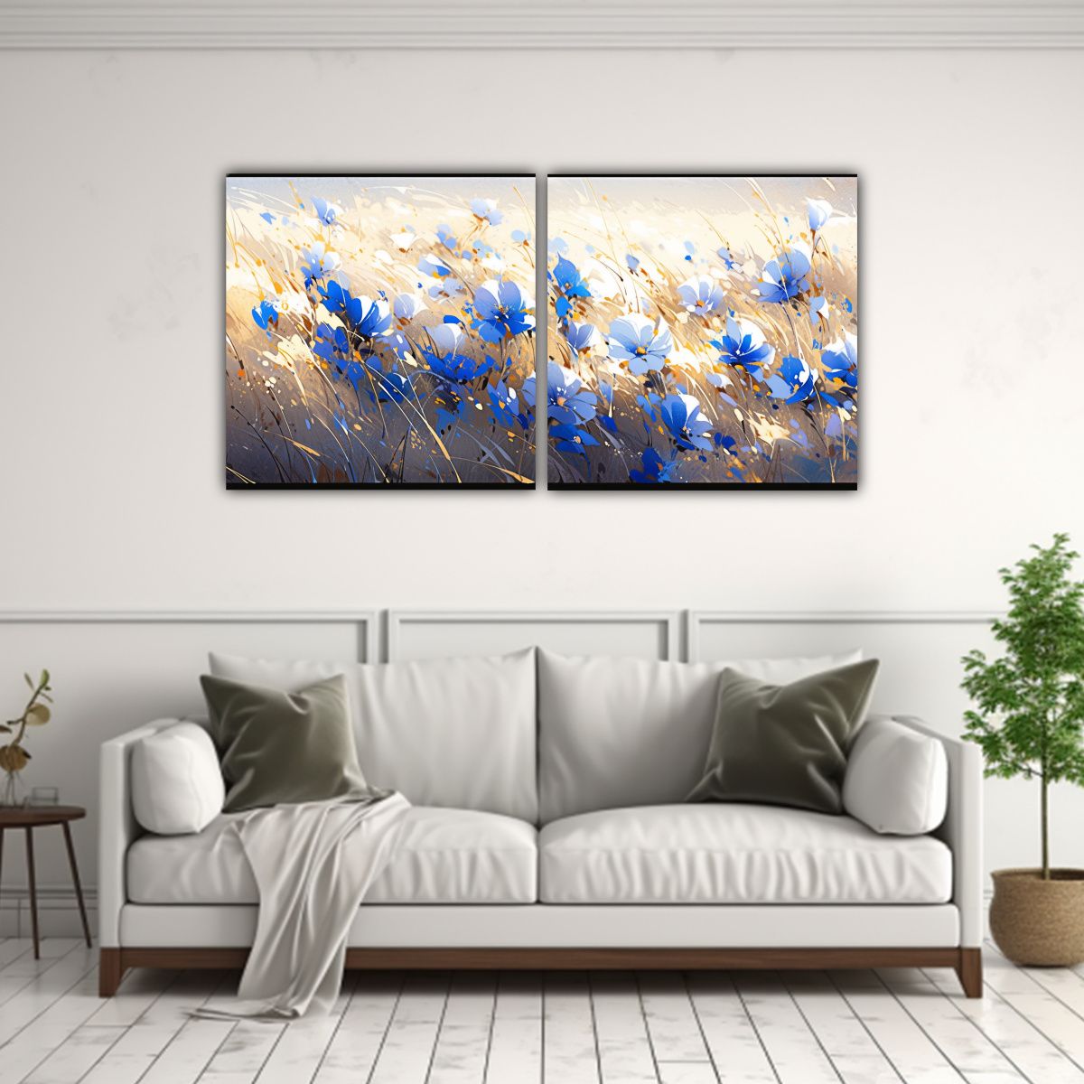 GENERICO - Pintura Flores Oro Y Azul En Lienzo De Vanguardia 140x70 Cm
