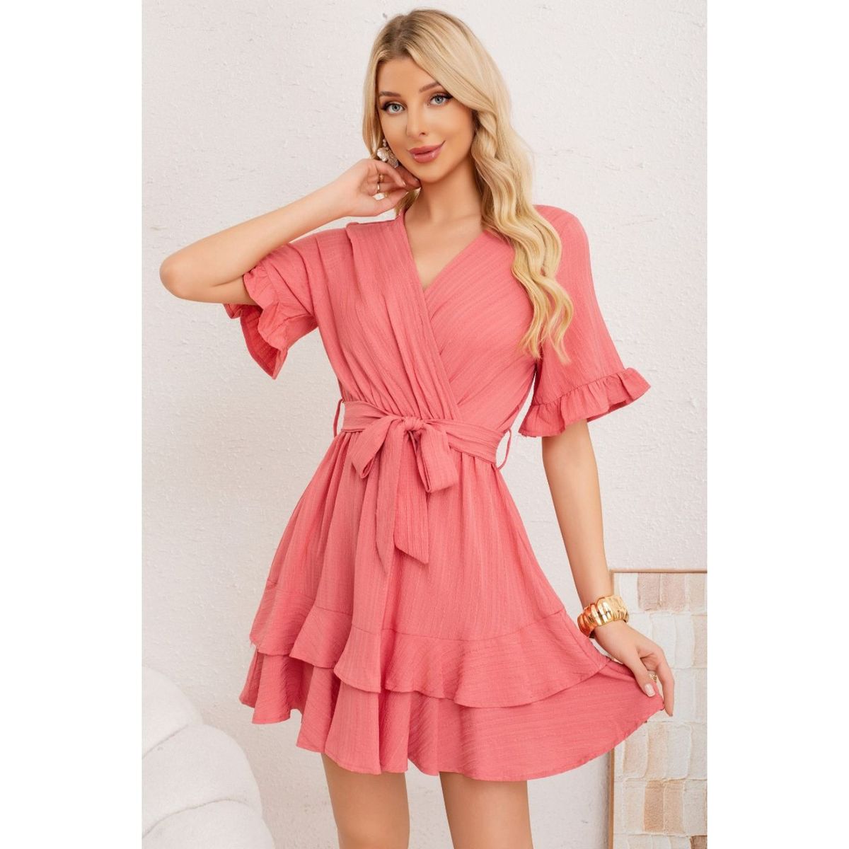 LIKE SHOP - Vestido Corto Mujer Manga Corta Escalonado Casual Eventos 3369