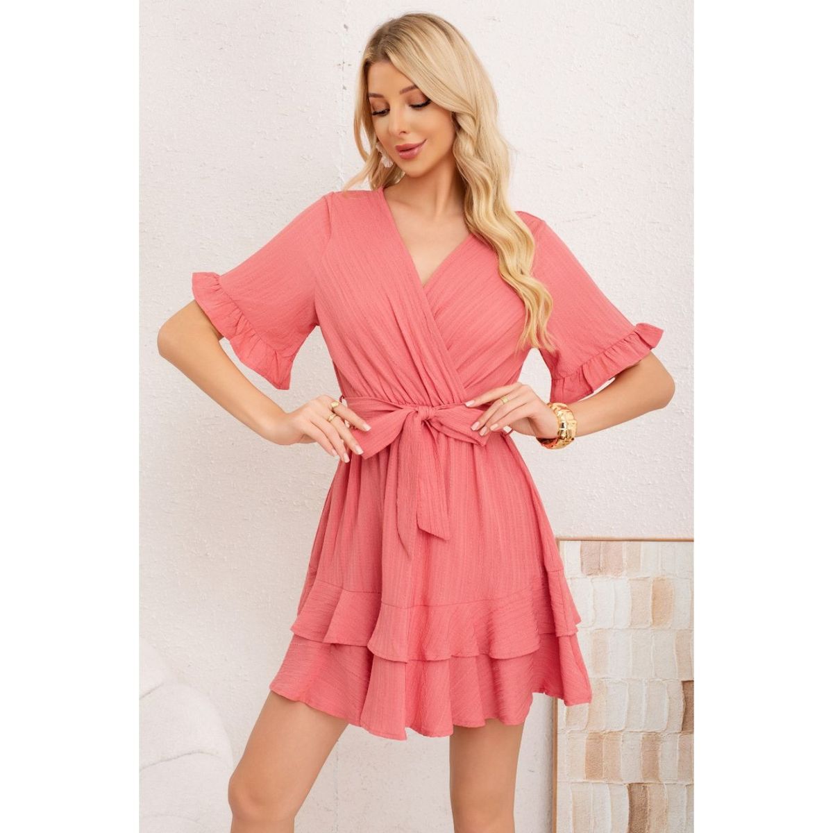 LIKE SHOP - Vestido Corto Mujer Manga Corta Escalonado Casual Eventos 3369