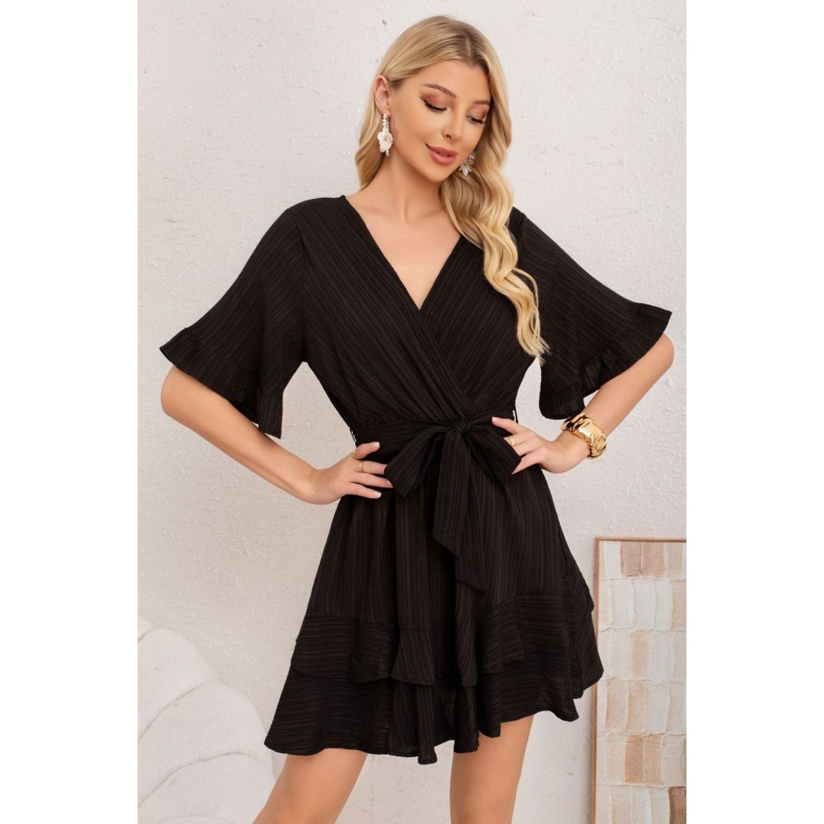 LIKE SHOP - Vestido Corto Mujer Manga Corta Escalonado Casual Eventos 3369