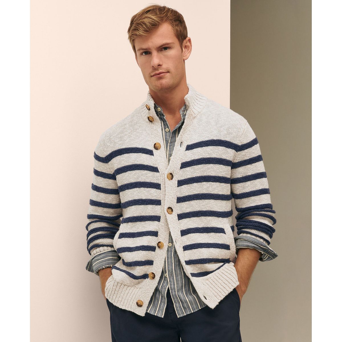 BROOKS BROTHERS - Sweater Hombre Mariner Stripe Mock Card Blanco Brooks Brothers