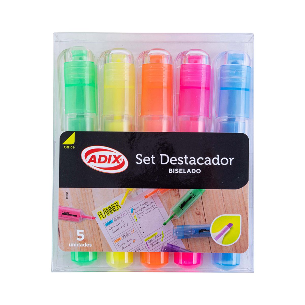 ADIX - Set 5 Destacadores Biselado Colores Flúor Adix
