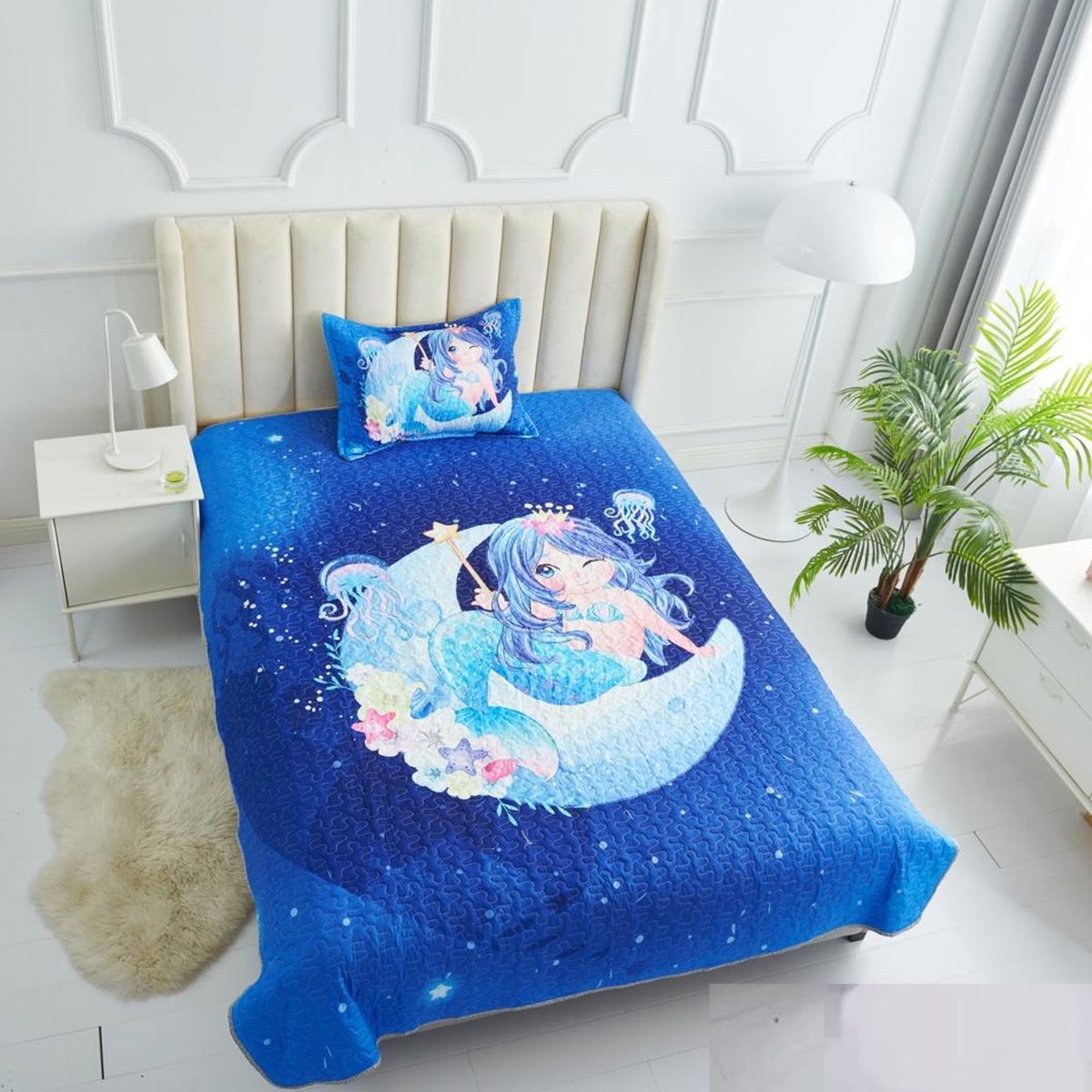 GENERICO - CUBRECAMA 3D 1.5 PLAZA DISEÑO LUNA SIRENA DELGADO DE VERANO WYM