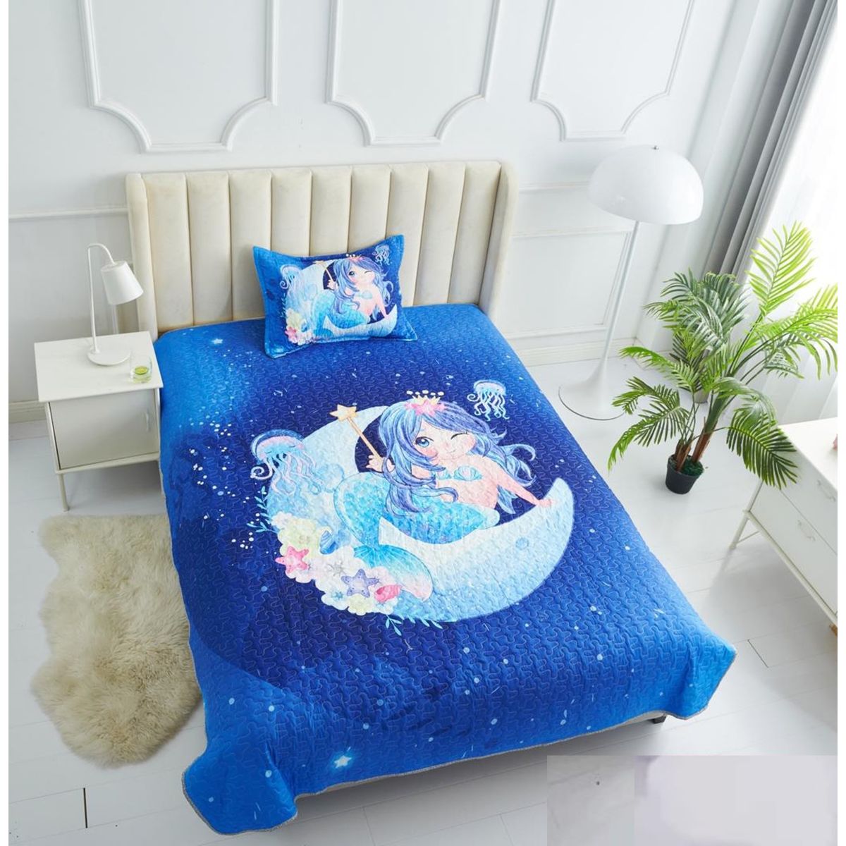 GENERICO - CUBRECAMA 3D 1.5 PLAZA DISEÑO LUNA SIRENA DELGADO DE VERANO WYM