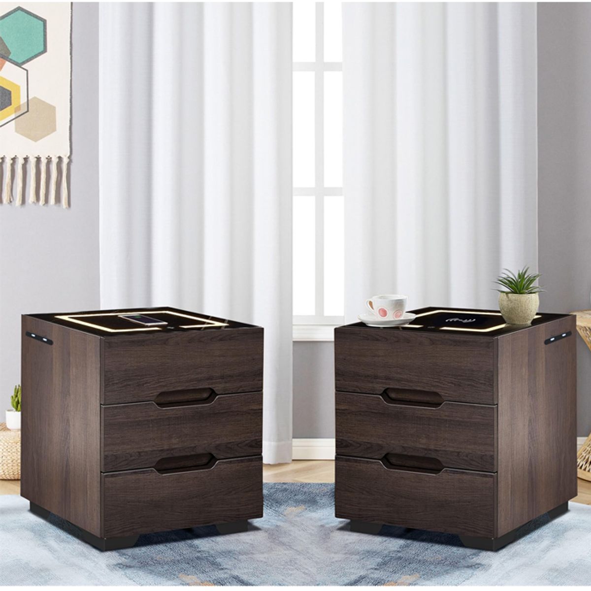 MSA MUEBLES SANTA ANA - PAR DE VELADORES mesa de noche INTELIGENTE con luz USB Cargador Inalámbrico.