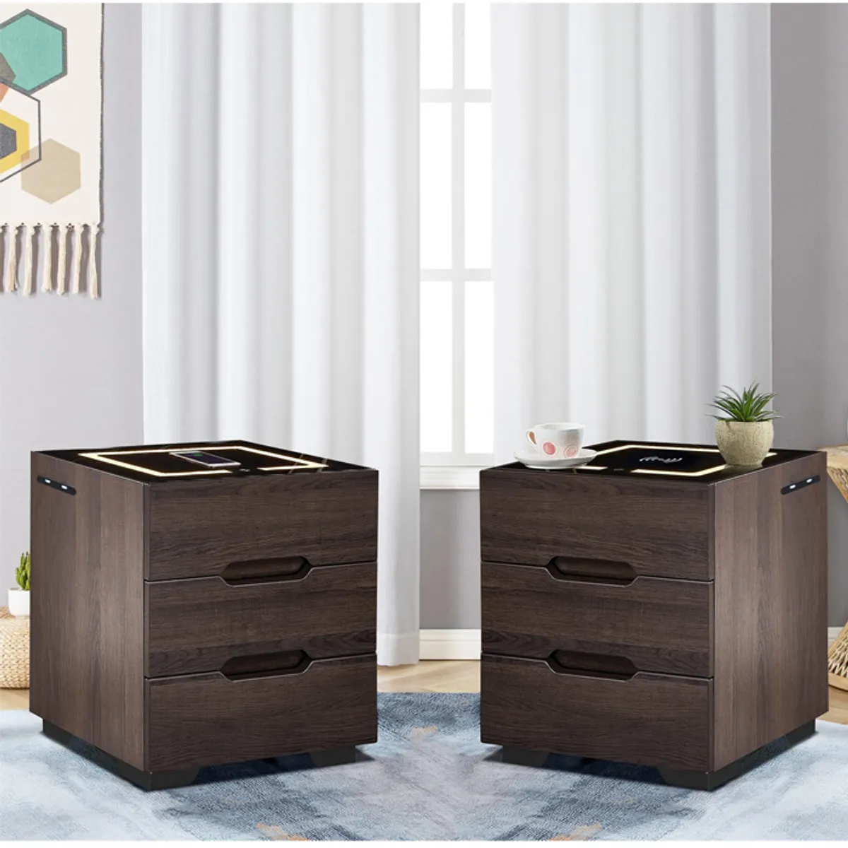 MSA MUEBLES SANTA ANA - PAR DE VELADORES mesa de noche INTELIGENTE con luz USB Cargador Inalámbrico.