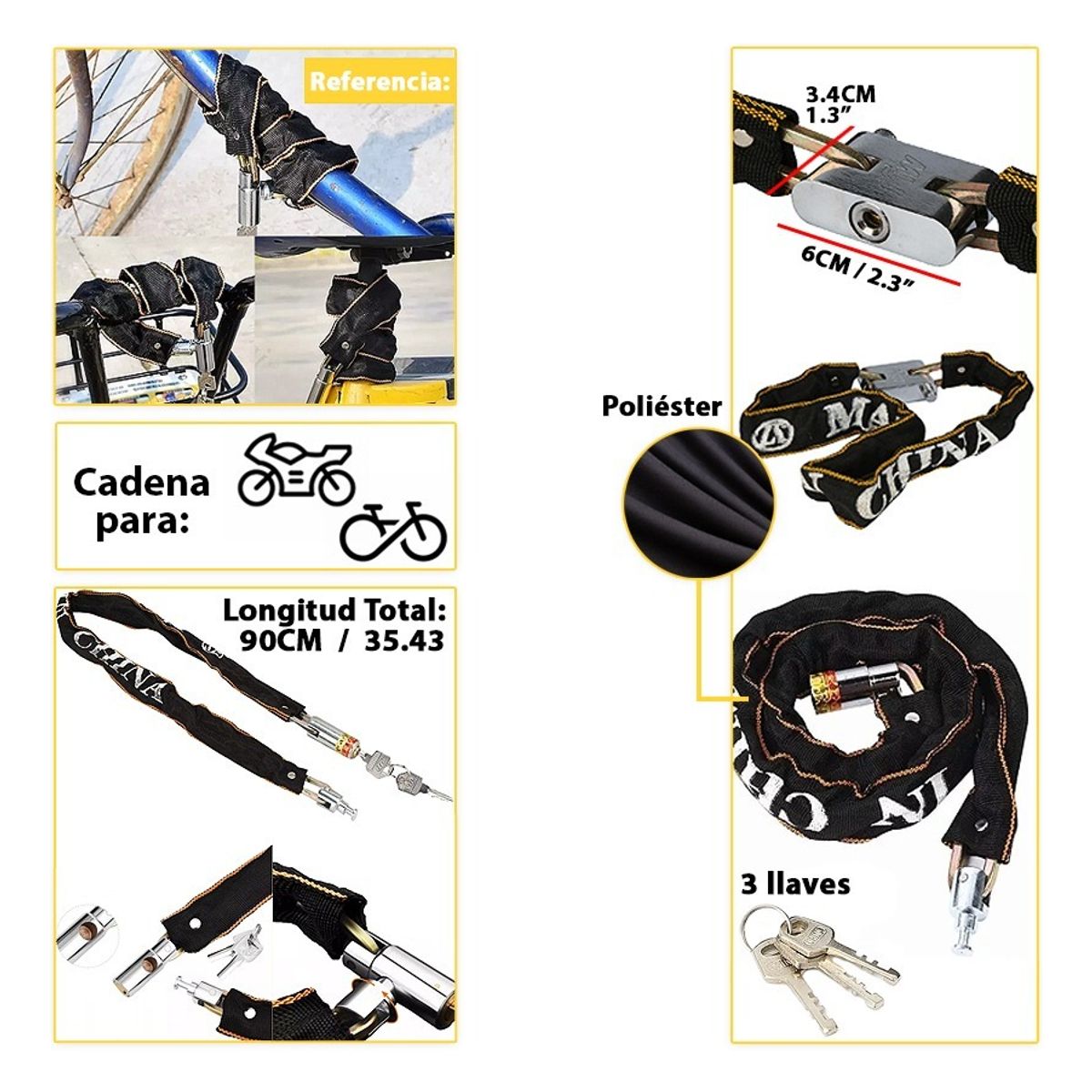 GENERICO - Candado Con Cadena Moto Bicicleta Multiuso