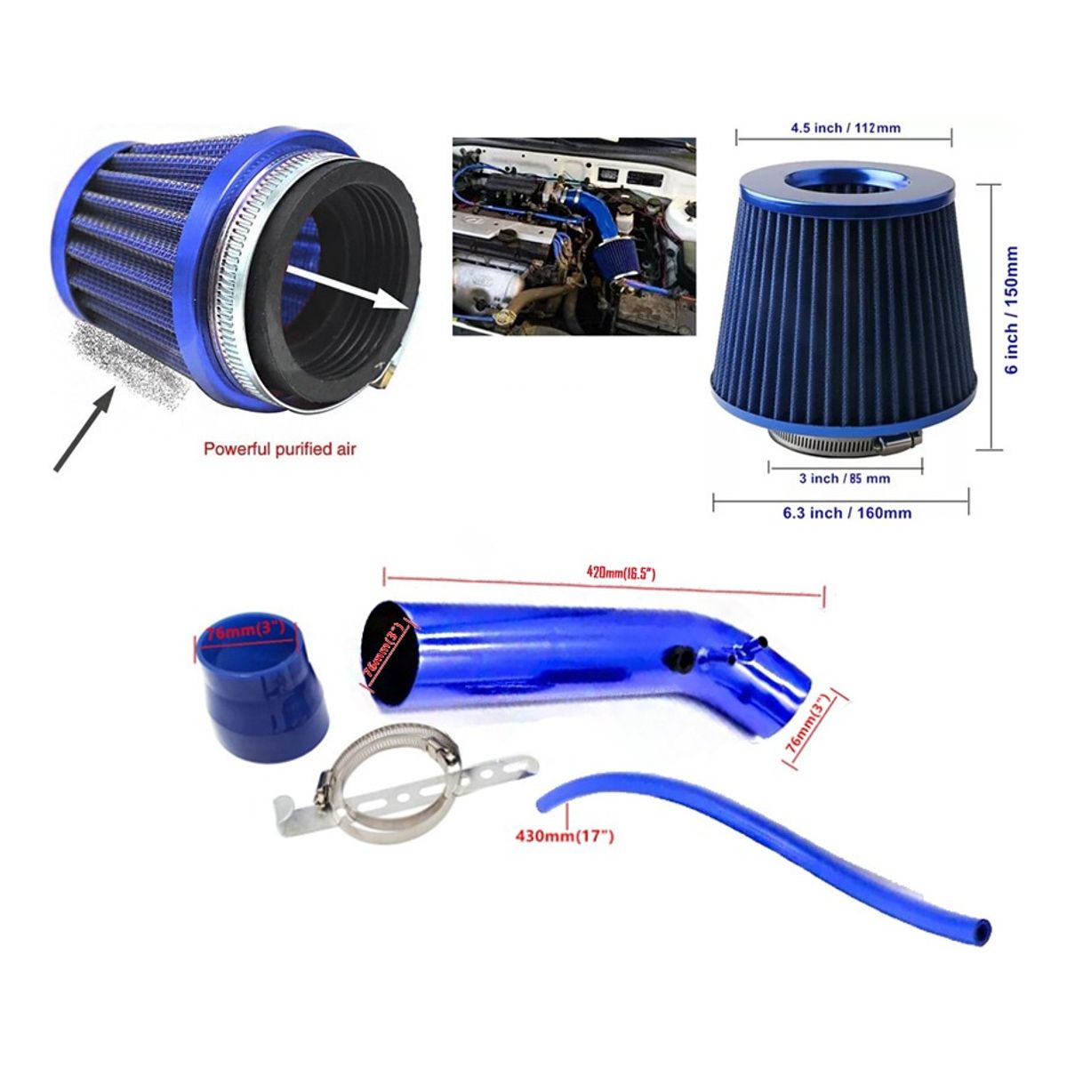 GENERICO - Kit Induccion Larga Y Filtro De Aire Conico