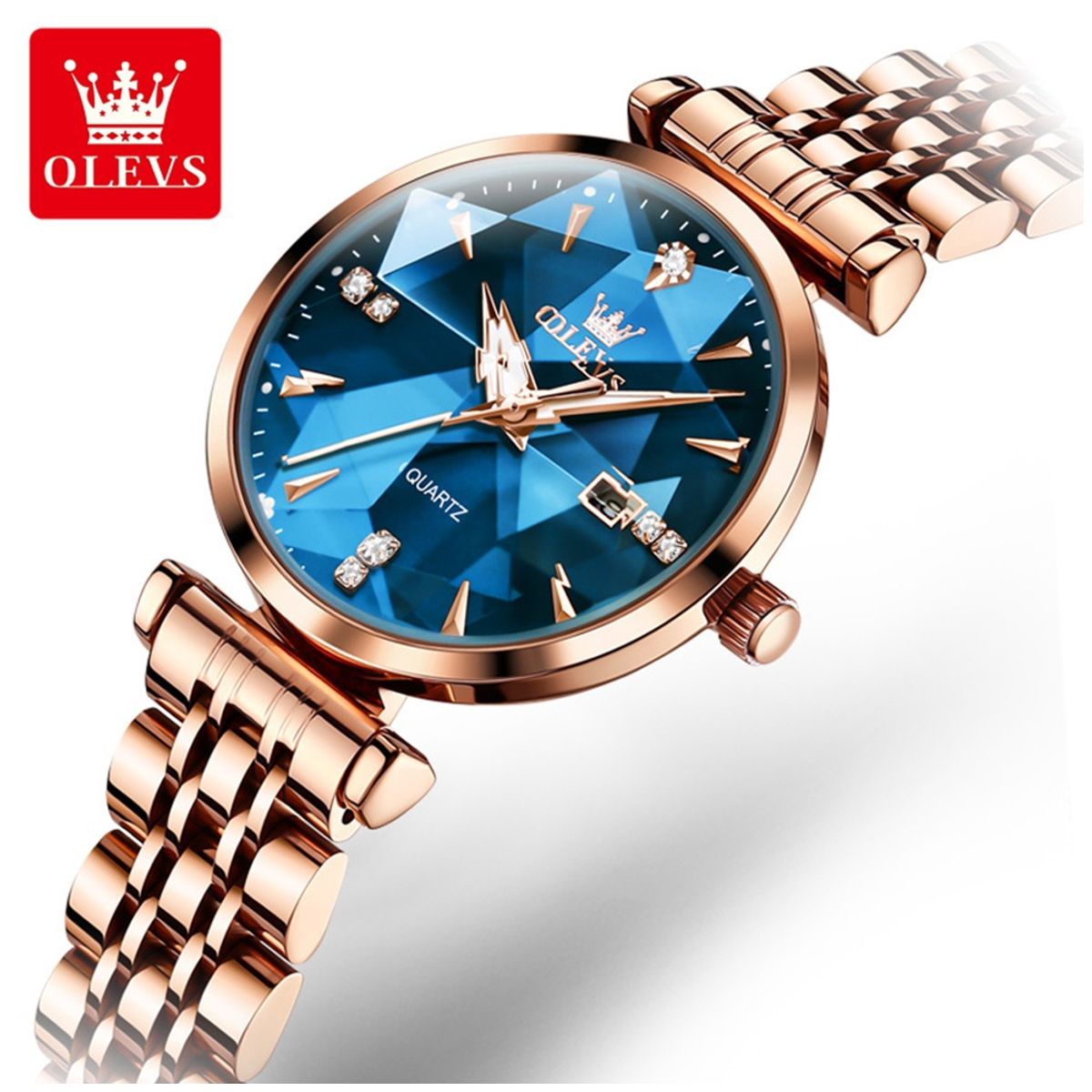 STARTECHOFFICE - Reloj de Cuarzo Mujer con Esfera Azul Facetada Cristales Brillantes