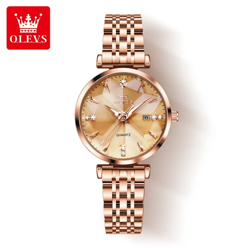 STARTECHOFFICE - Reloj Cuarzo para Mujer Esfera Dorada Facetada Cristales Brillantes