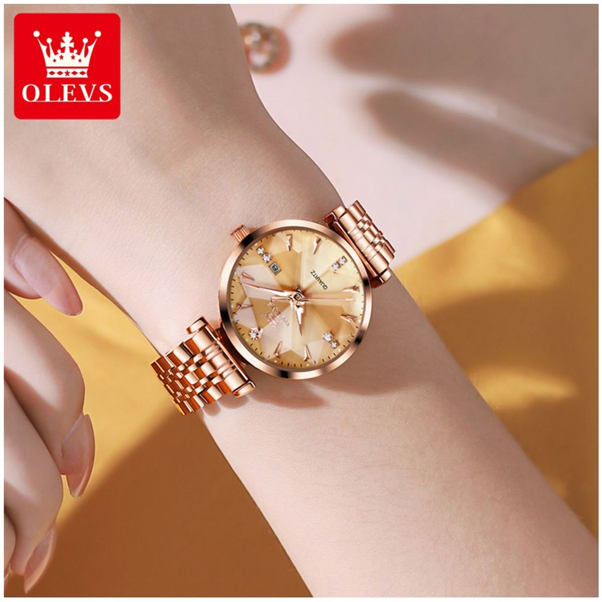 STARTECHOFFICE - Reloj Cuarzo para Mujer Esfera Dorada Facetada Cristales Brillantes