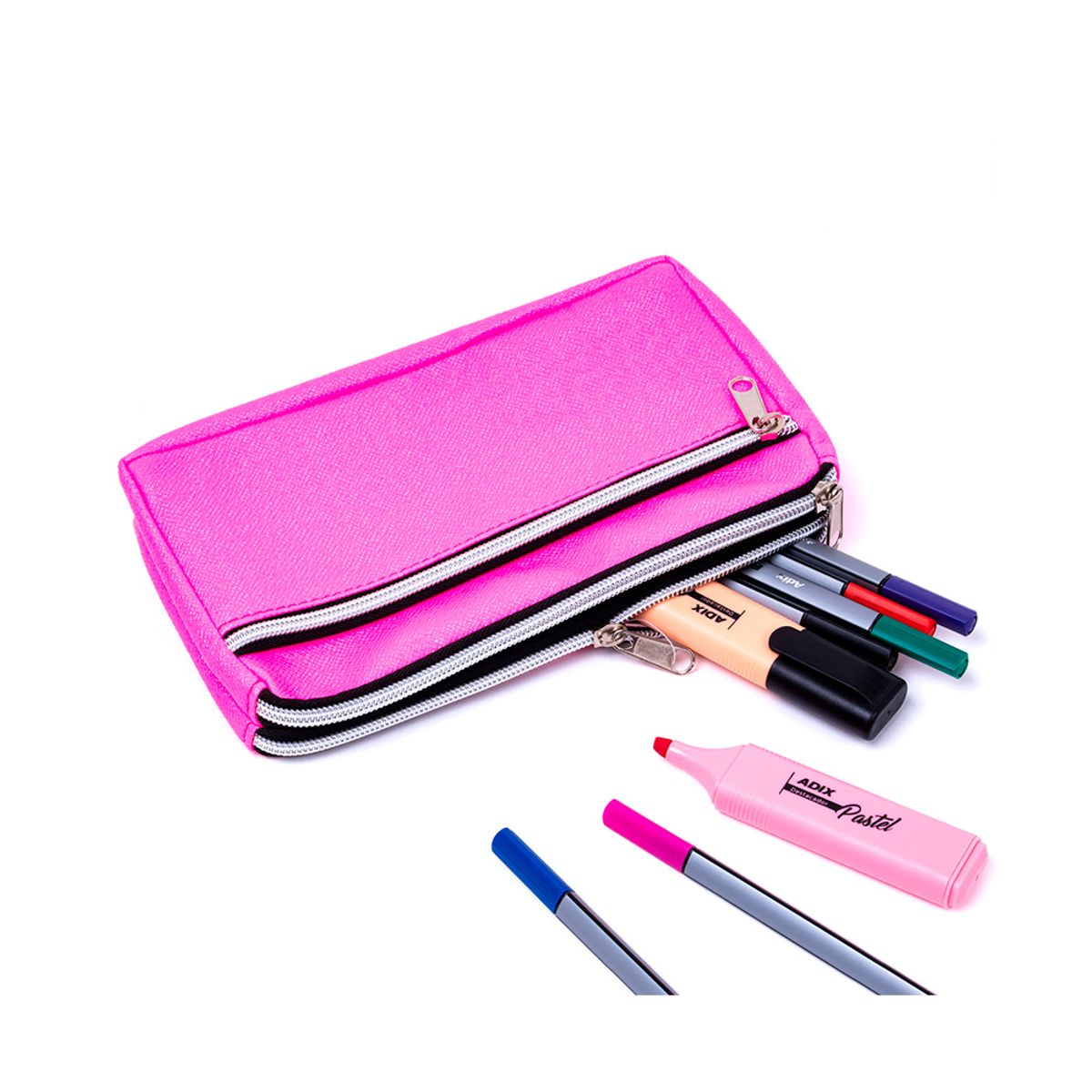 ADIX - Estuche Escolar Triple Cierre Fucsia 23x10cm Adix