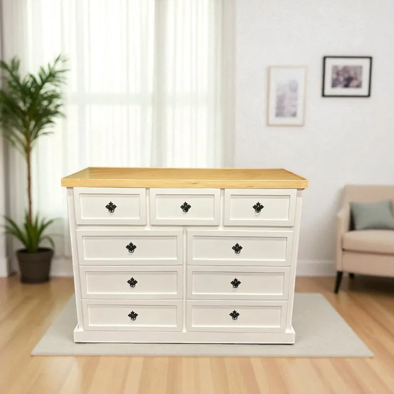 GENERICO - Comoda de Madera 9 cajones Basic 120x40x90 Color Blanco cubierta Miel