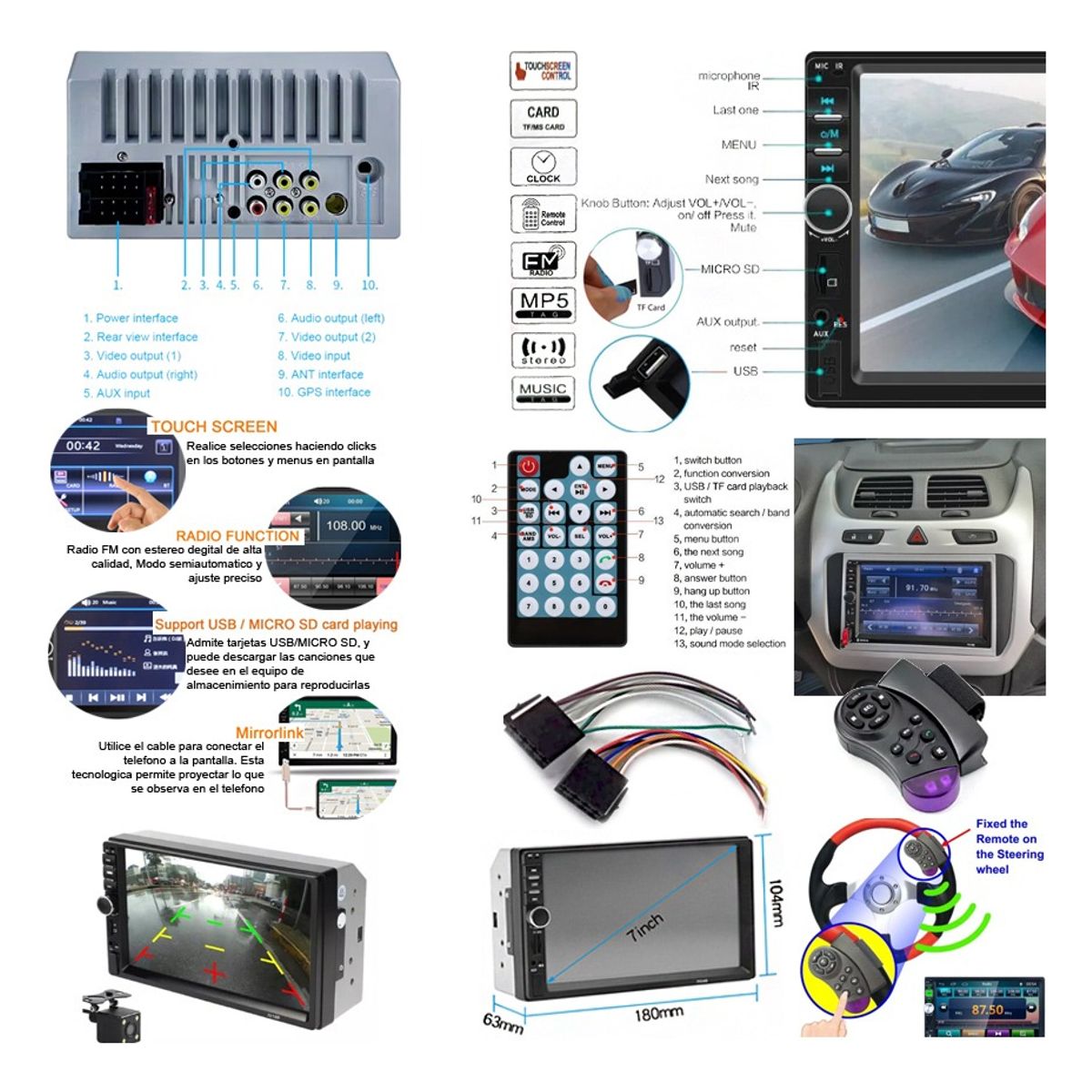 GENERICO - Radio Pantalla Full Hd 1080p Auto Usb Sd Bluetooth 7