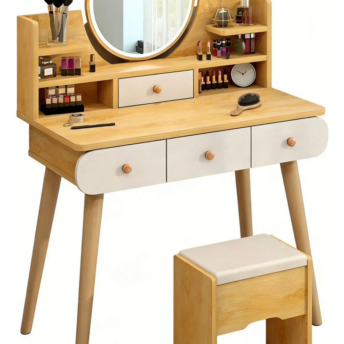 ANYHOGAR - Tocador Madera Espejo Con Luz con taburete marrón