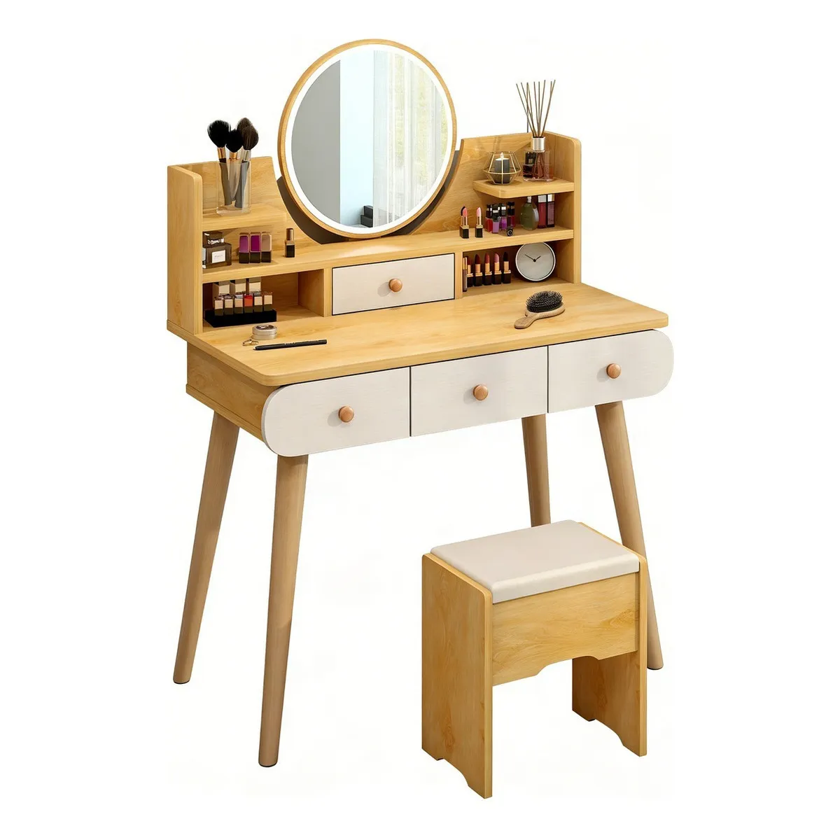 ANYHOGAR - Tocador Madera Espejo Con Luz con taburete marrón