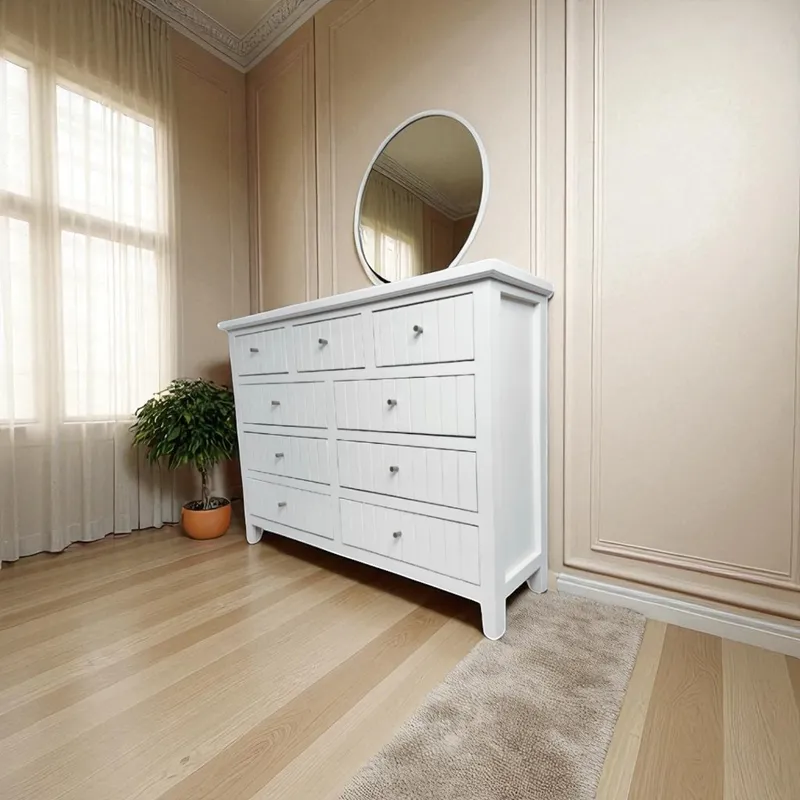 GENERICO - Comoda de Madera 9 cajones 120x40x90 Color Blanco Ranurado