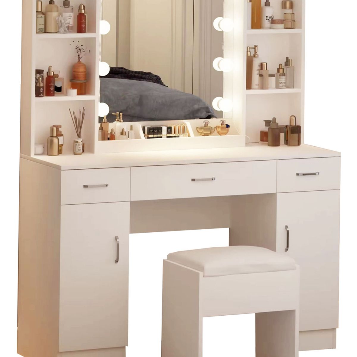 ANYHOGAR - Tocador Con Espejo tipo Hollywood con Taburete Cajones