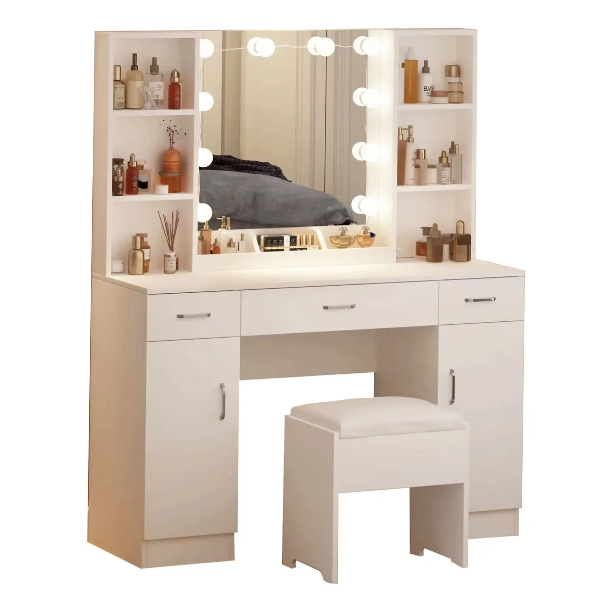 ANYHOGAR - Tocador Con Espejo tipo Hollywood con Taburete Cajones