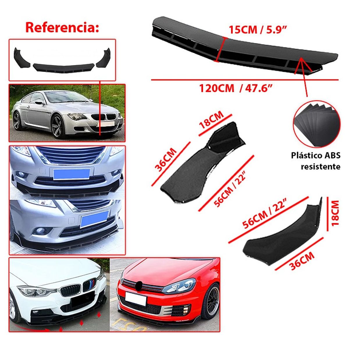 GENERICO - Front Lip 3 Piezas Universal Negro Brillante