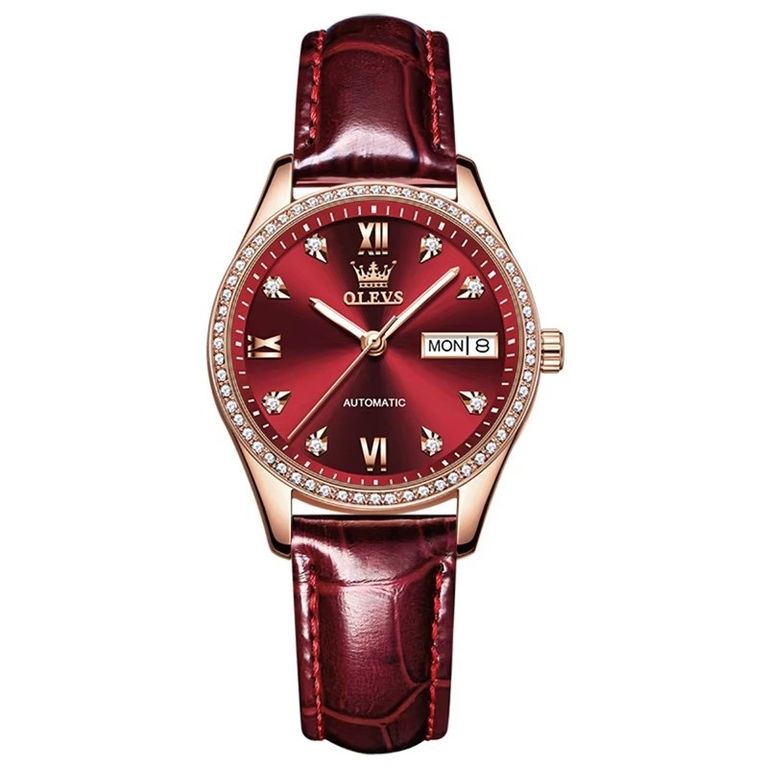 Reloj Automatico de Lujo Elegante para Mujer con Correa de Cuero Burdeos TALLA UNICA