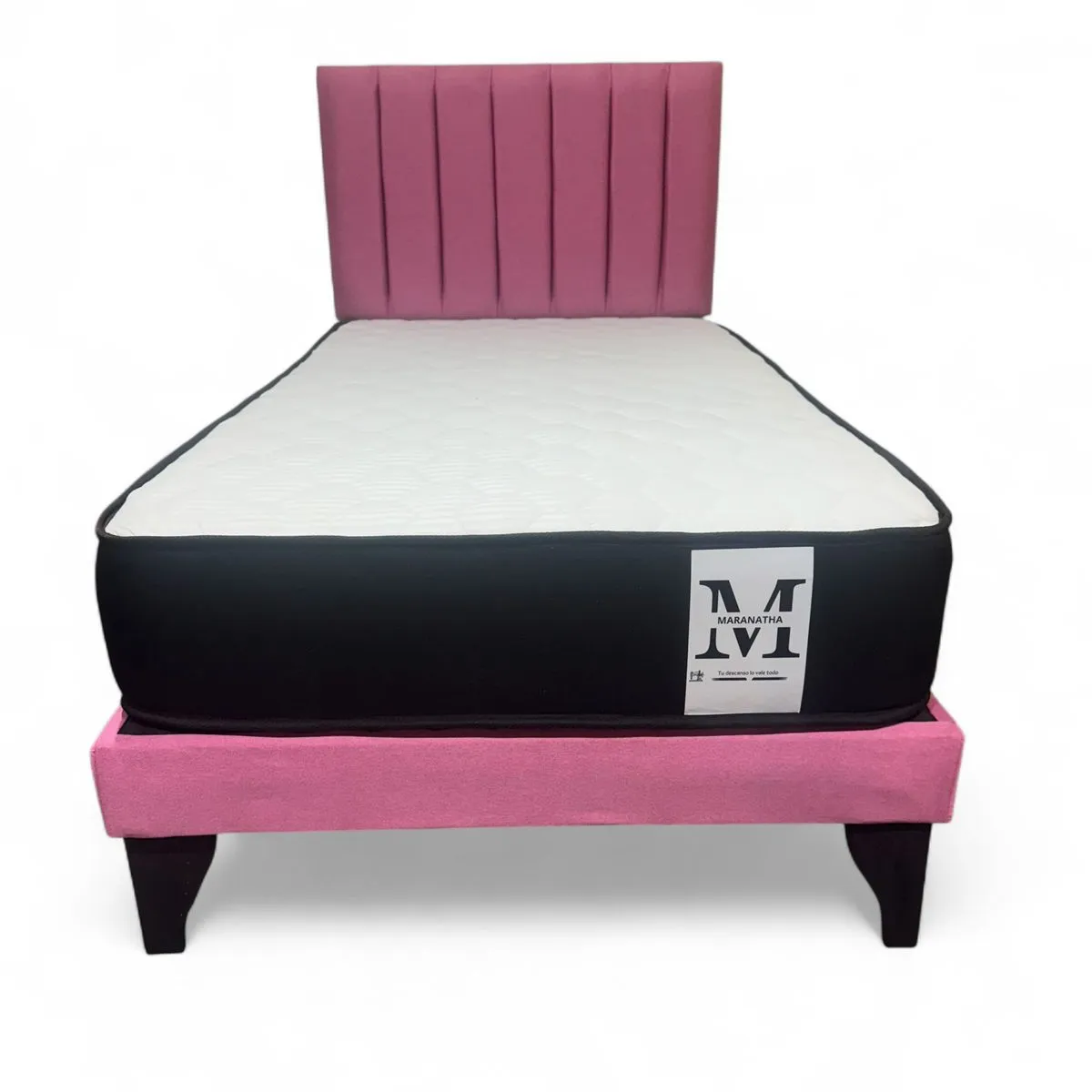 GENERICO - Cama plaza y media europea 1.5 base + respaldo + colchon rosado