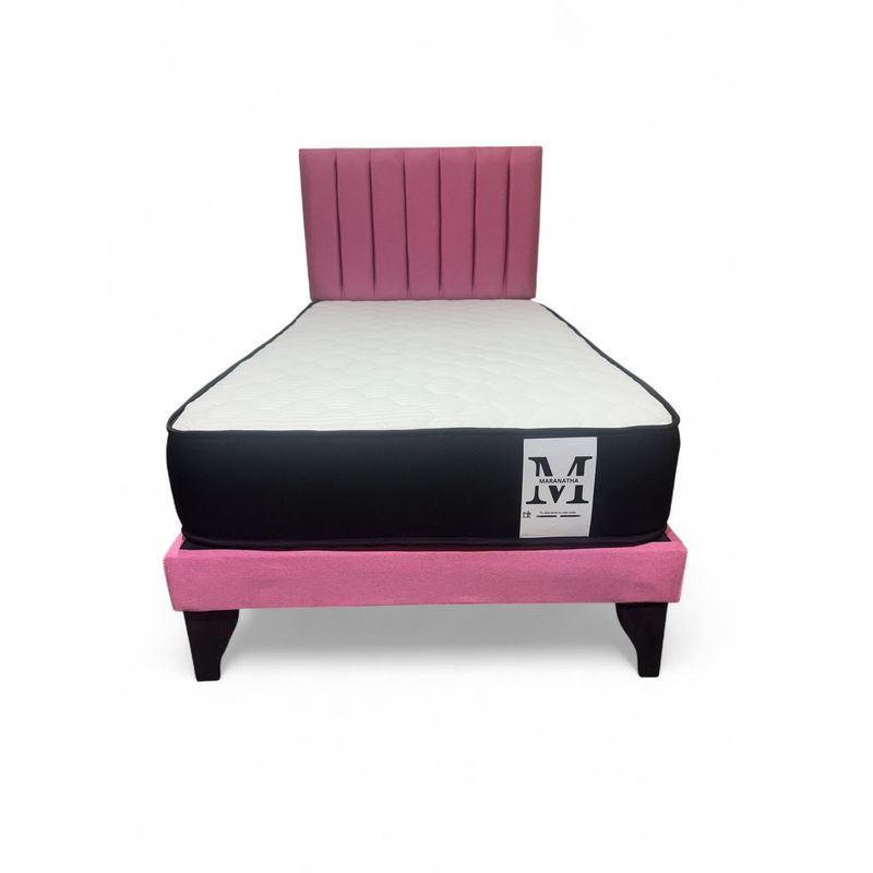 GENERICO - Cama plaza y media europea 1.5 base + respaldo + colchon rosado