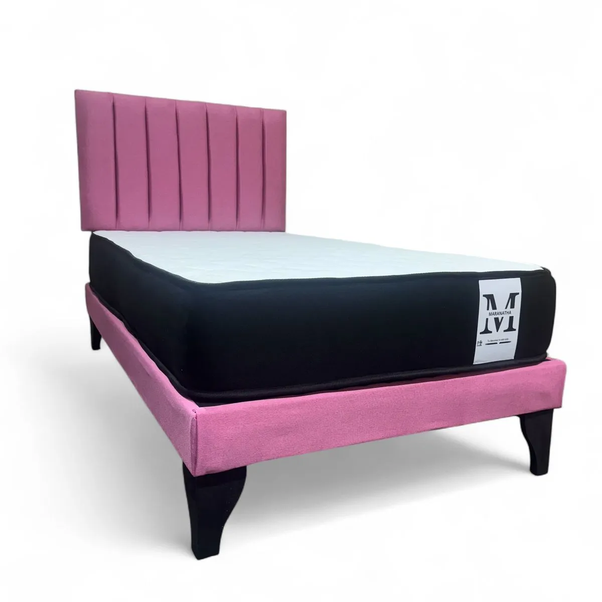 GENERICO - Cama plaza y media europea 1.5 base + respaldo + colchon rosado