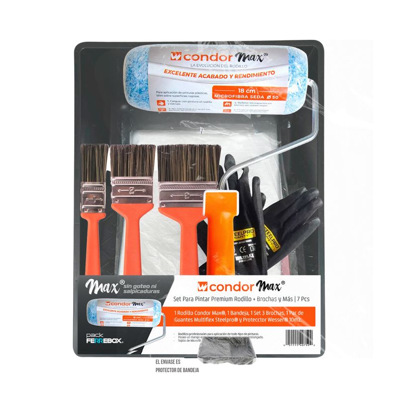 CONDOR - Set Para Pintar Rodillo Cortagota Microfibra CondorMax® + Brochas Y Más - 7 Pcs 1  Condor®
