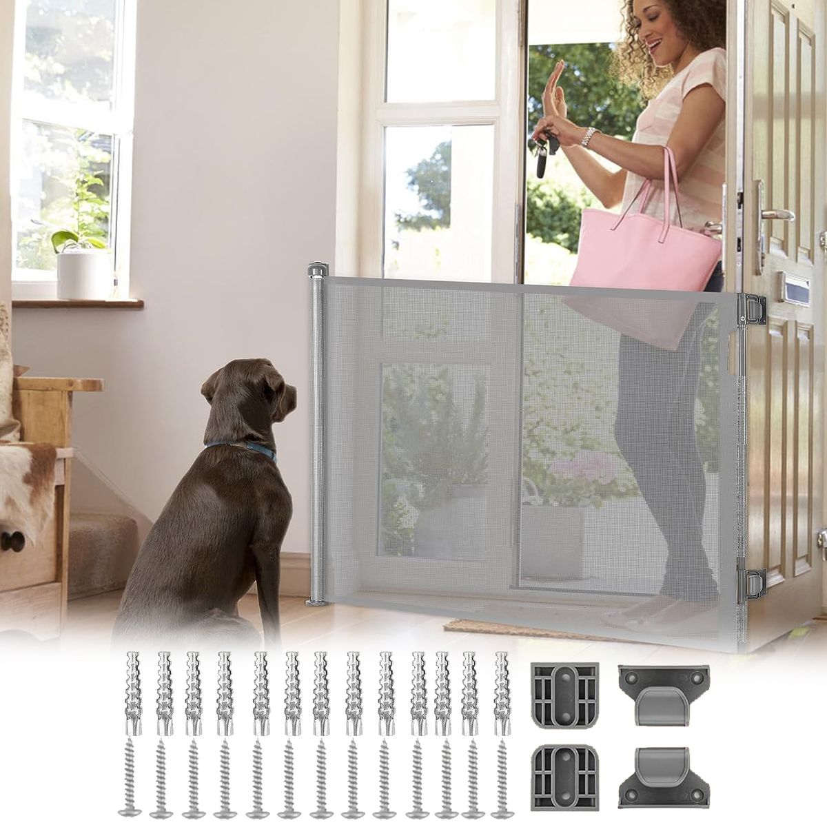 DEKANO - Reja Seguridad Escalera Puerta Ajustable Para Bebe Mascotas 150CM 86CM Gris