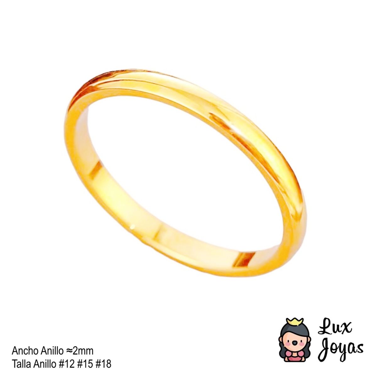 LUX JOYAS - Anillo Baño Oro Amarillo 18k Argolla Lisa 2mm