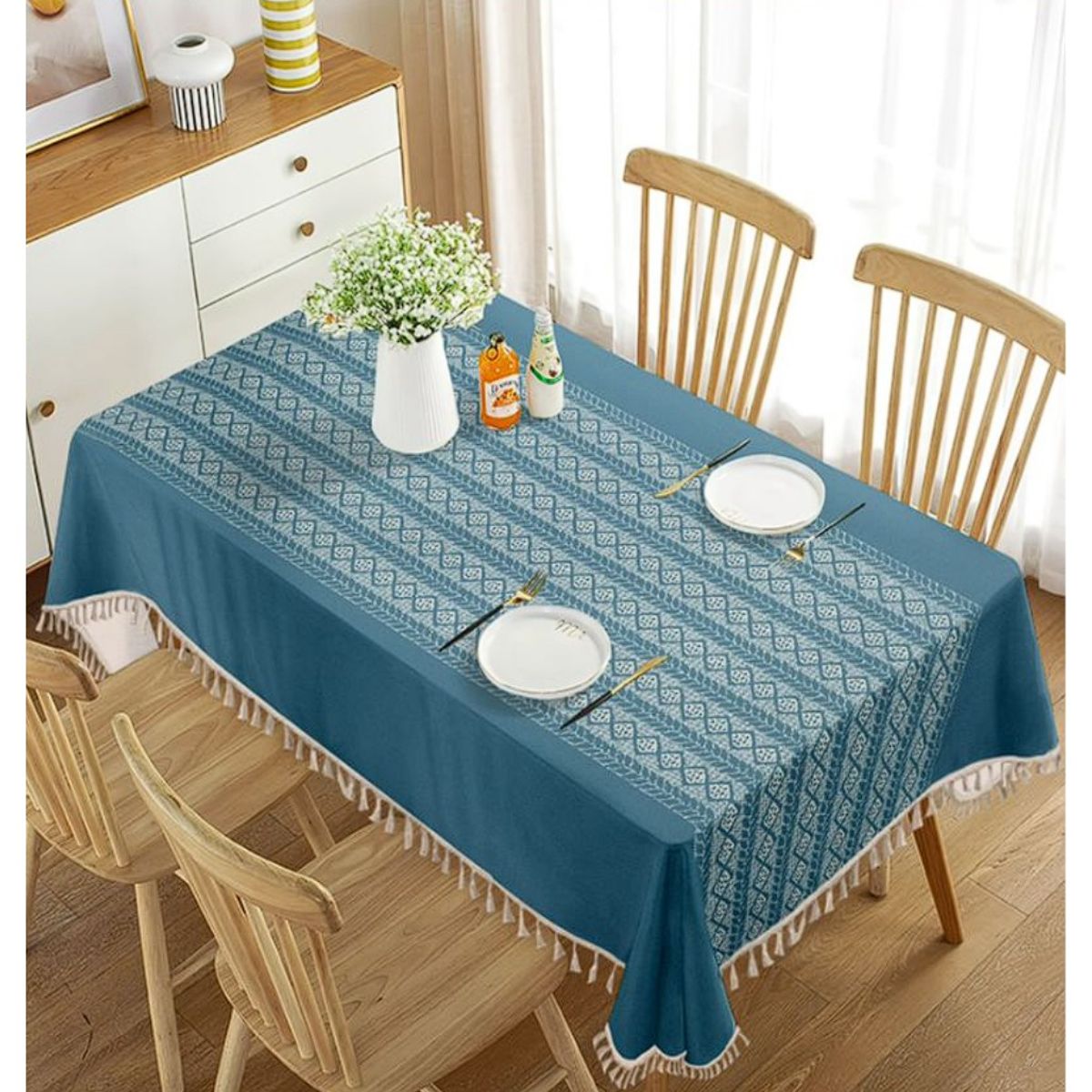 ALMA & DECO - Mantel Antimanchas Mod. Vintage Blue Flecos Bohemios 140 X 220 Cm Rect