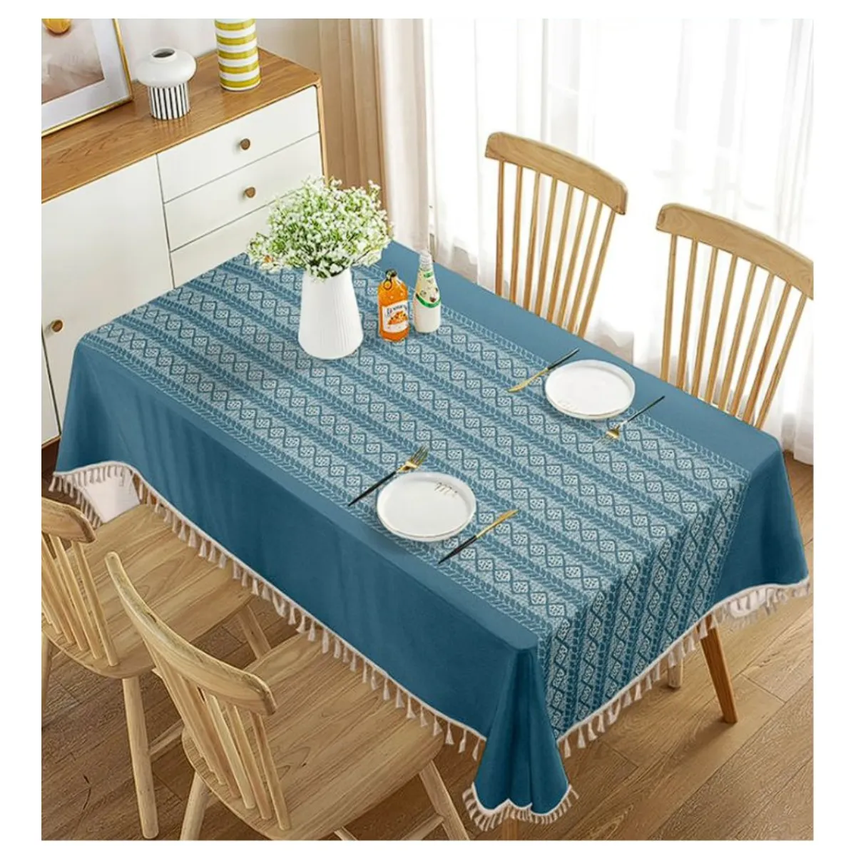 ALMA & DECO - Mantel Antimanchas Mod. Vintage Blue Flecos Bohemios 140 X 220 Cm Rect